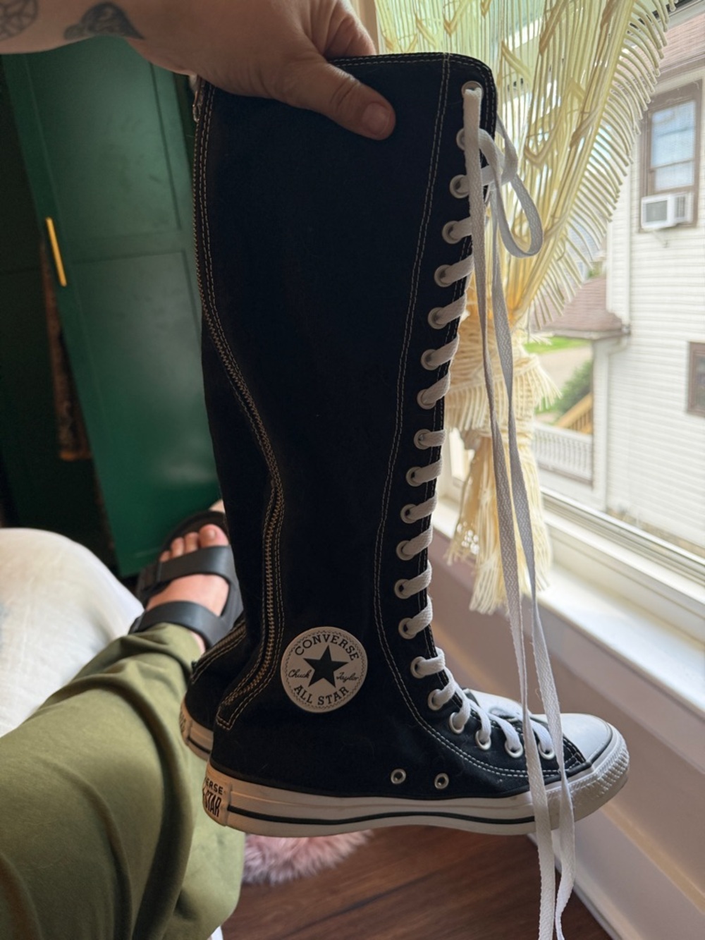 Black High-Top Lace-Up Knee Boots with White Accents - Picture 2 of 4